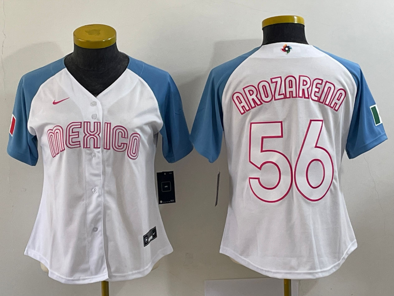 Women's White Blue Mexico Baseball #56 Randy Arozarena 2023 World Baseball Classic Stitched Jersey(Run Small)